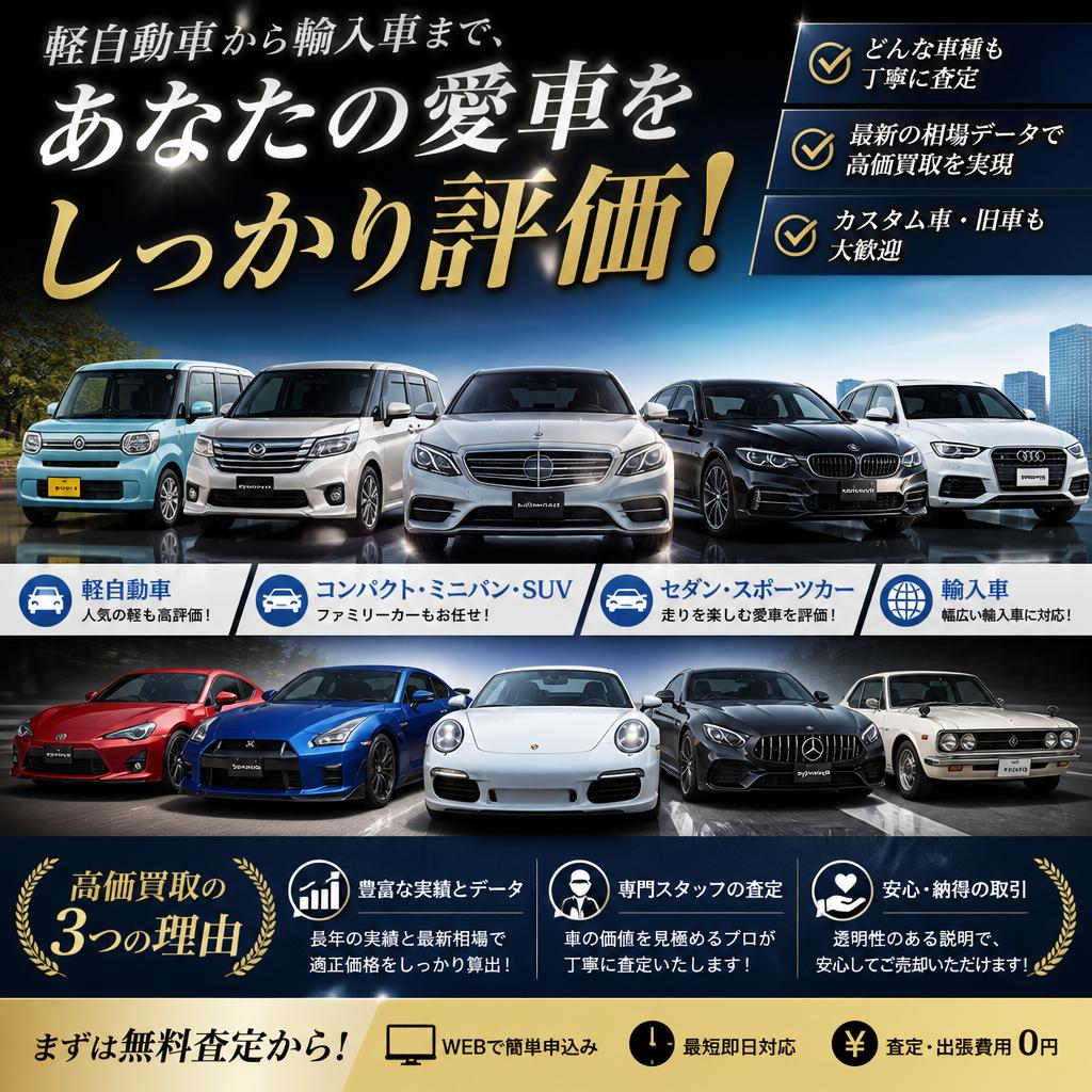 軽自動車から輸入車まで、あなたの愛車をしっかり評価！